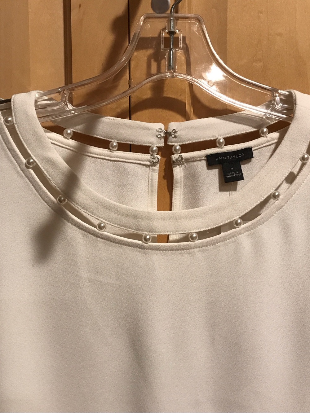 New Ann Taylor Cream Beaded-Neckline Long Sleeve Blouse - Picture 3 of 8